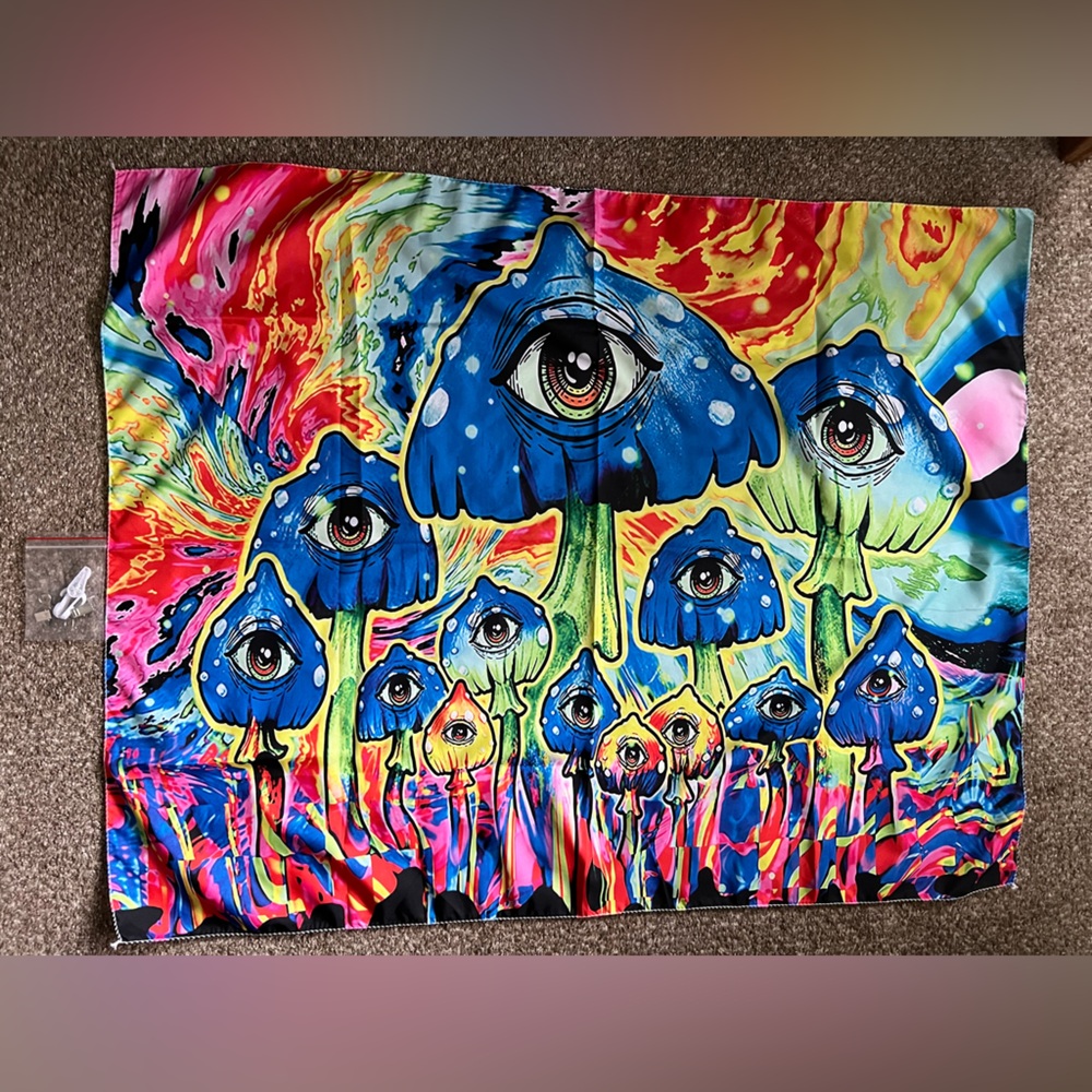 Trippy Psychedelic Shrooms Tapestry Mushrooms w/ Eyes Bright Neon Colors Melting